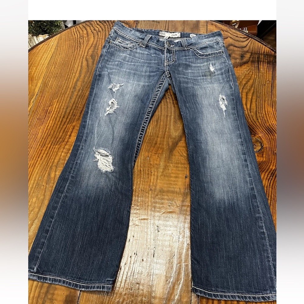 BKE Denim Stella Women’s 29R-(29x29) Flare Blue Embroidered Distressed Jeans